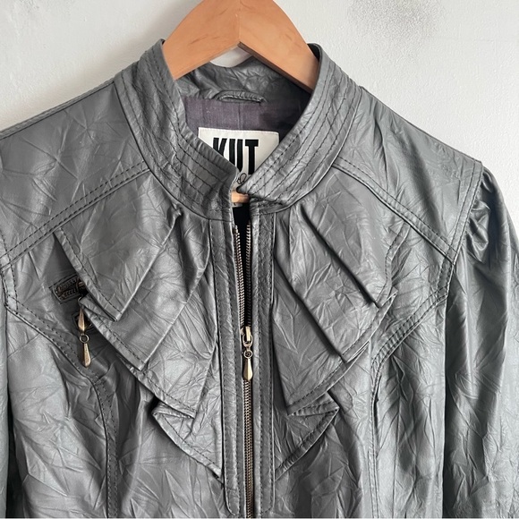 KUT FROM THE KLOTH  Wrinkle Effect Leather Jacket Full Zip Gray Pockets Size L - Picture 3 of 7